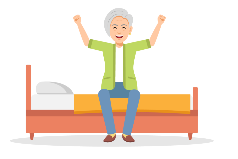 Graphic of older lady happy on a bed