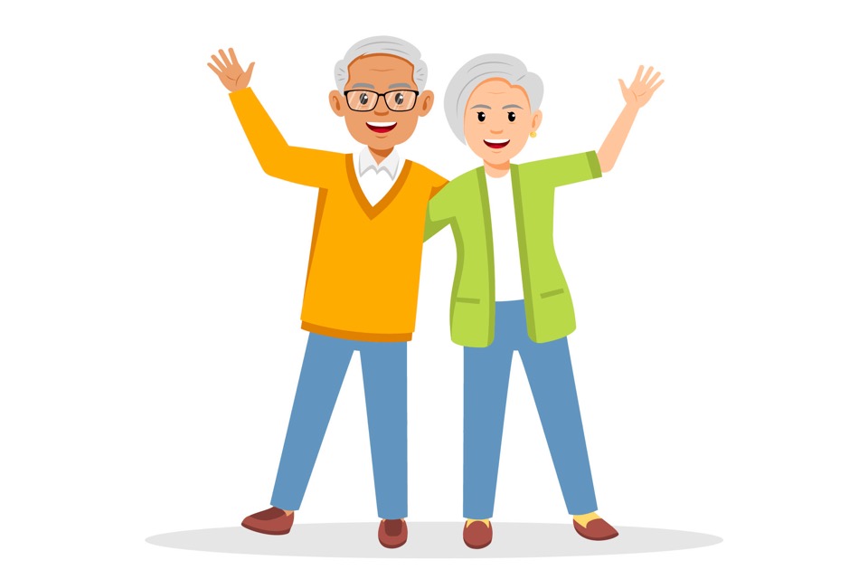 Graphic of older man and woman waving