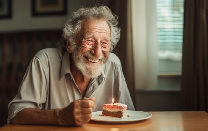 older man laughs sitting with pink cake