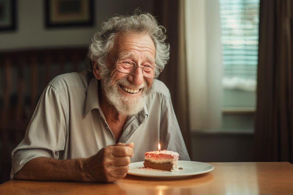 older man laughs sitting with pink cake