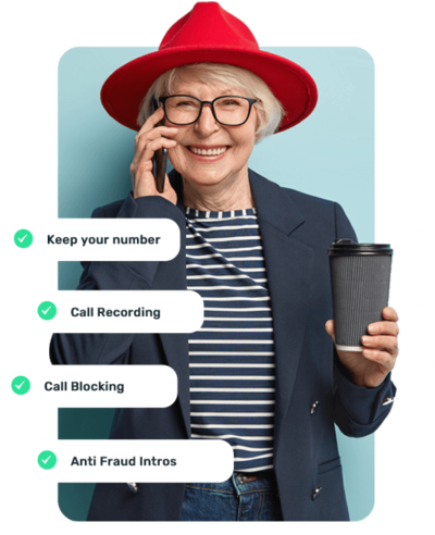 Cool older woman holding coffee talking on phone