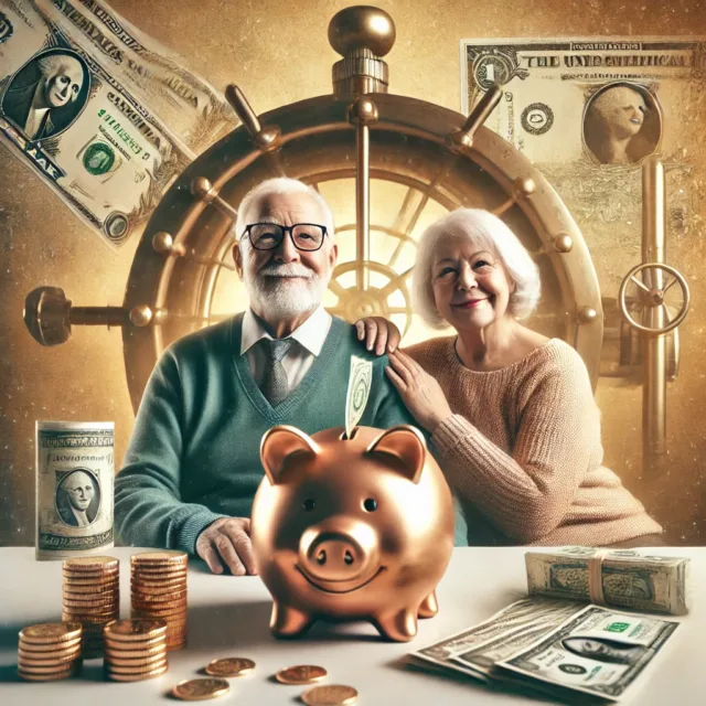 Elderly couple surrounded with money and a gold piggy bank